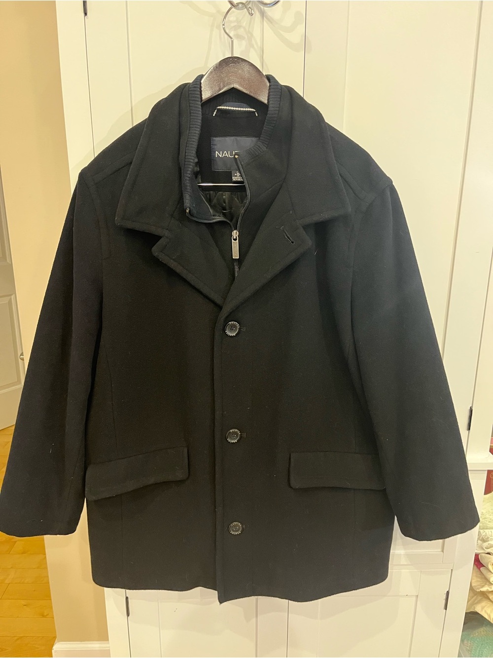 Nautica Black Men's Wool Peacoat with Zip-Front Storm Placket